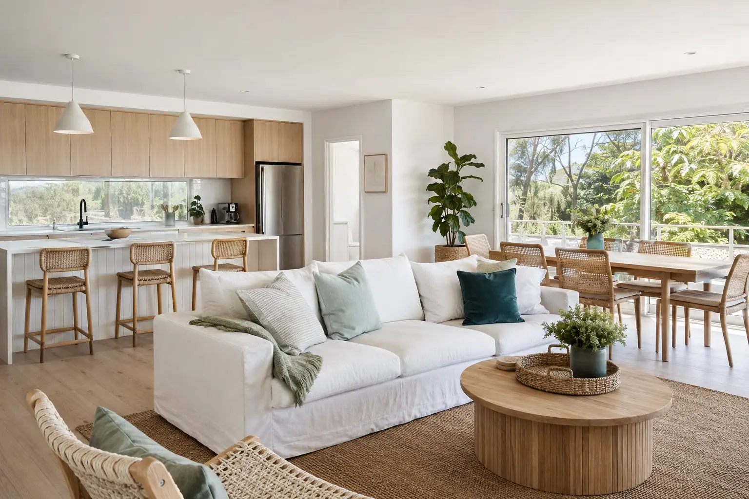 Bright, freshly cleaned living room and kitchen